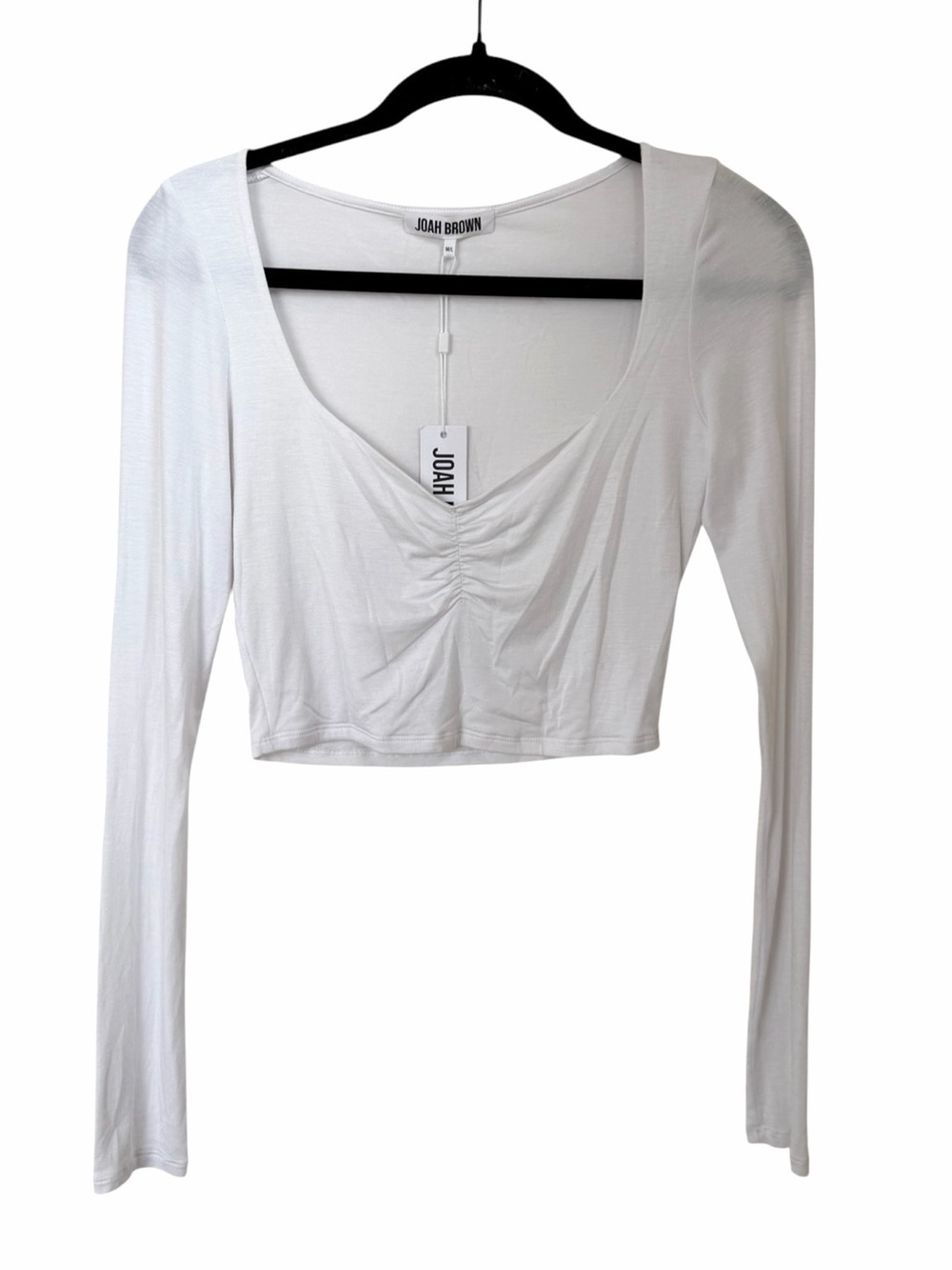 Joah Brown White Ruched Long-Sleeve Crop Top